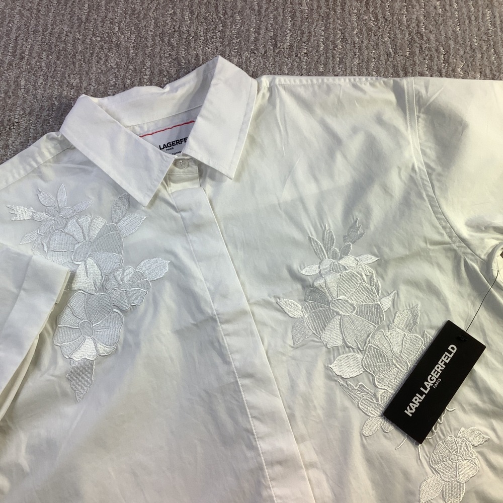 Karl Lagerfeld Paris White Floral Embroidered Cropped Shirt Size M NWT